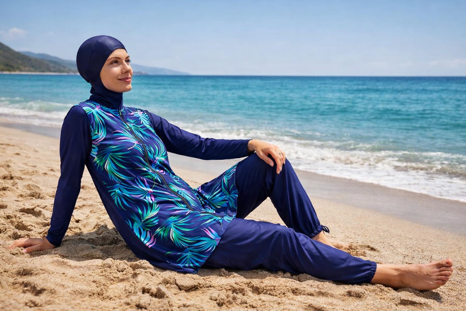 Burkini Fleuri,avec Soutien Gorge,4 piéce Burkini Femme Fleuri– Maillot de Bain Modeste avec Hijab – Anti-UV,
