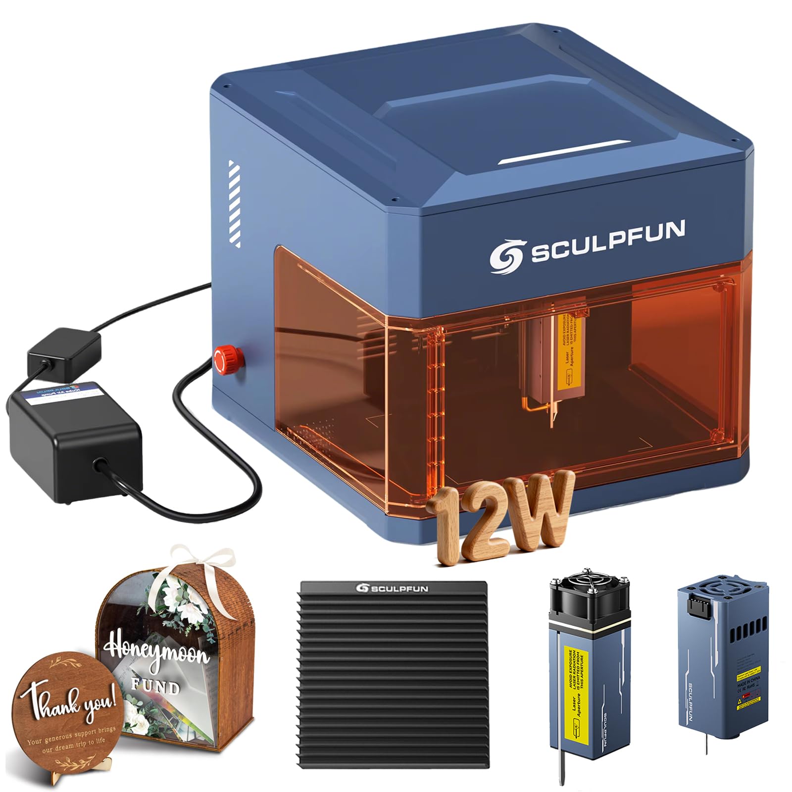 SCULPFUN iCube Ultra Grabador láser portátil de doble luz, 12 W, luz azul, 1,2 W, infrarrojo, totalmente cerrado, con filtro de humo, bomba de aire y boquillas tipo panal.