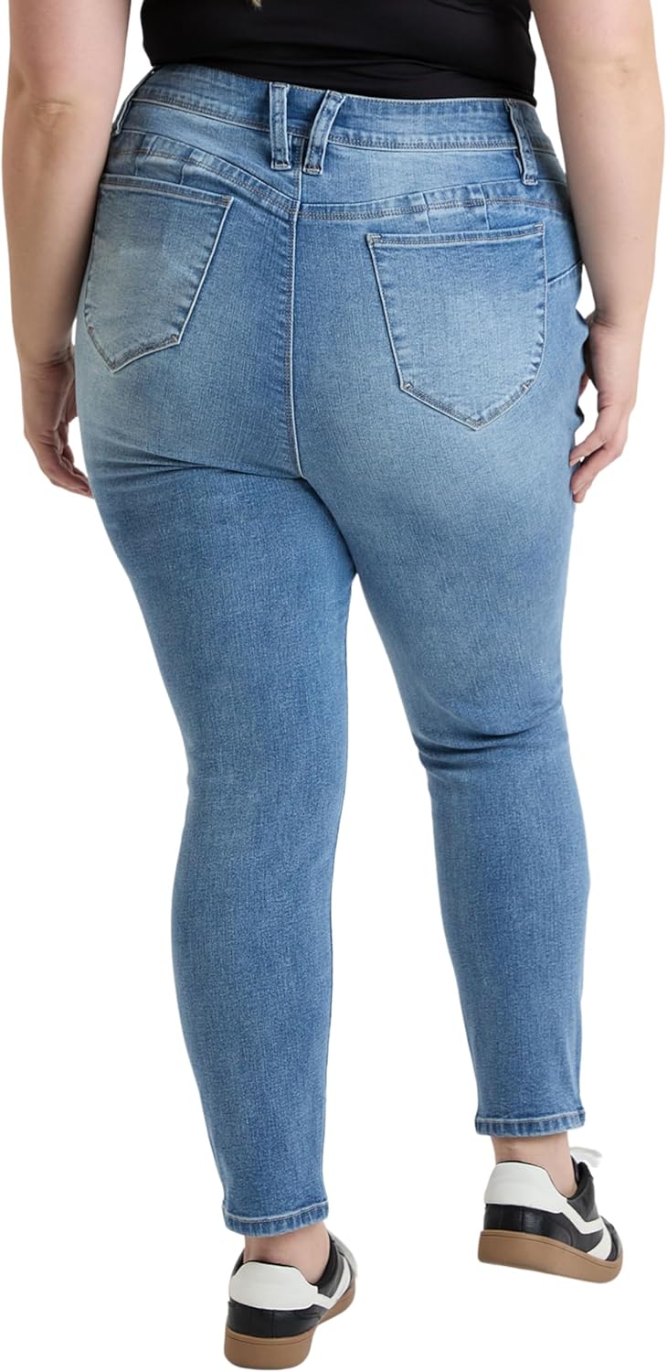 ROYALTY FOR ME Women's Plus High Rise Curve Confidence Wannabettabutt Skinny Jeans, Light Blue, 20W - Image 3