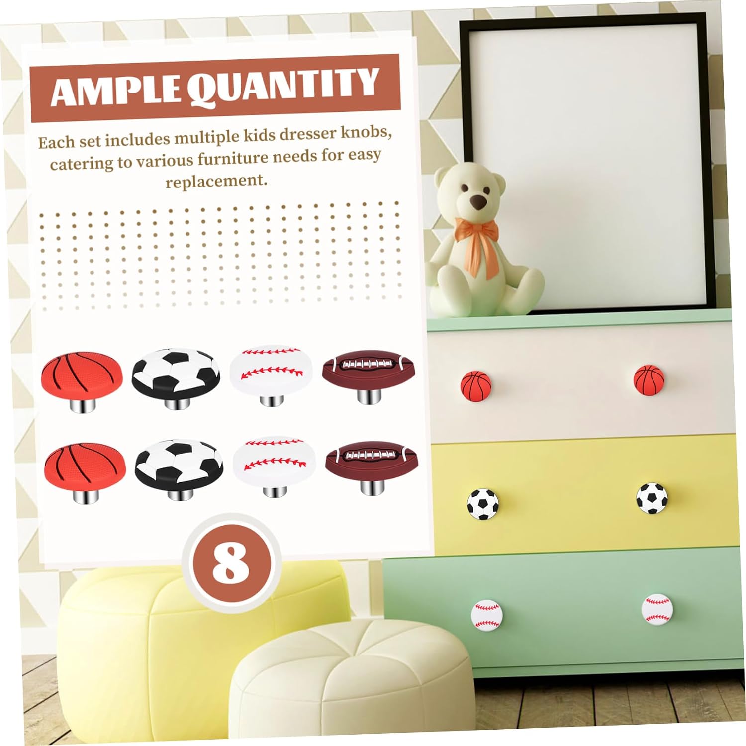 8 Pcs Sports Ball Cabinet Knobs Basketball Drawer Pulls for Boys and Girls Dresser Cartoon Furniture Handles Sturdy Comfortable Design