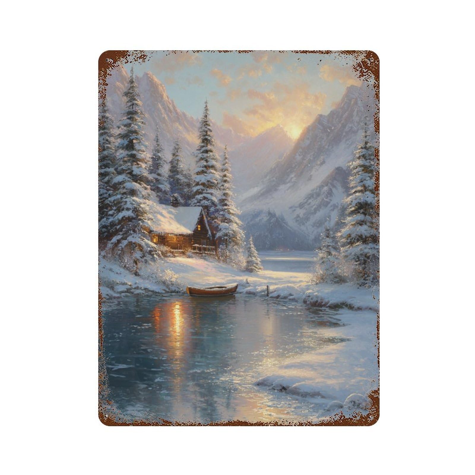 Vintage Rust Metal Sign with Winter Cabin by The Lake Design 15.7"x11.8", for Shed, Workshop And Garage Wall Decor, Retro Wall Decor