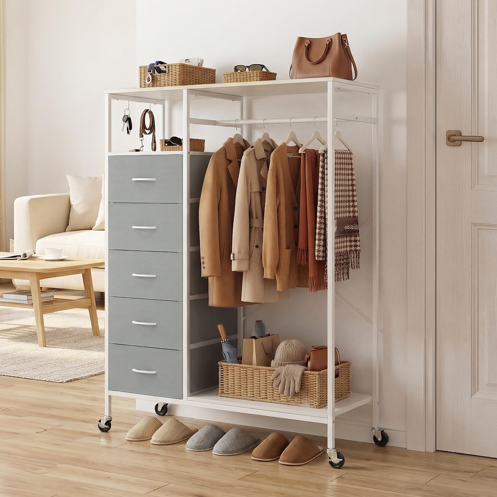 HOKEEPER Kleiderständer auf Rollen | Kleiderstange, Kleiderschrank, Clothes Rack, 4 Rollen, 2 feststellbar, einfache Montage, langlebig, Offener Kleiderschrank