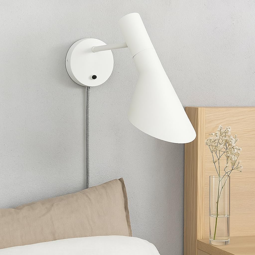B·LED BARCELONA LED BarcelonaLED Aplique de Pared con Cable Enchufe e Interruptor Lámpara de Lectura Diseño Elegante Moderno Nórdico Orientable Blanco para Dormitorio Casquillo E27