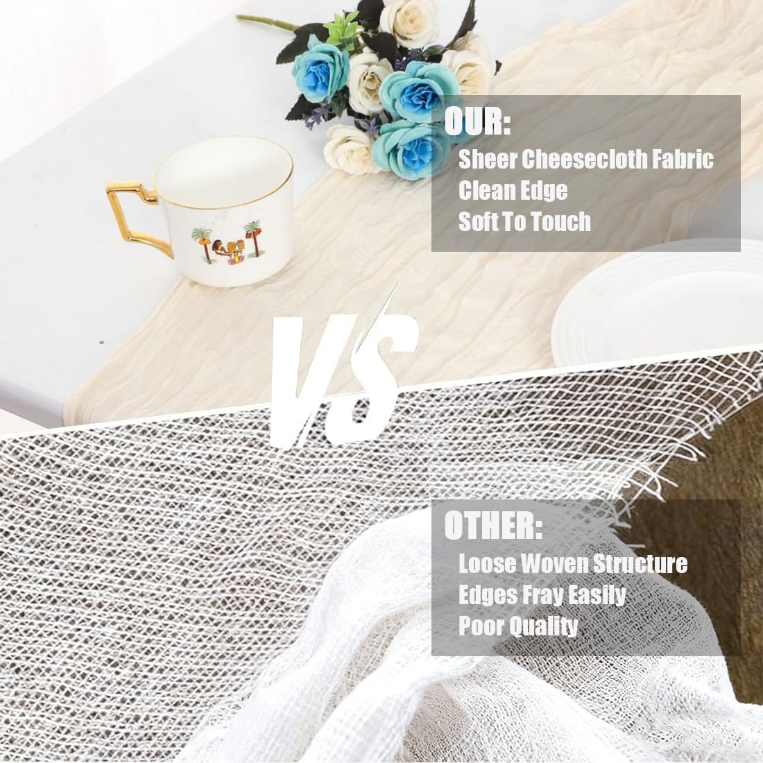 Cheese Cloth Table Runner Romantic Boho Rustic Sheer Gauze Semi Sheer Gauze Fabric Runners for Wedding Birthday Baby Shower Party Boho Table Decoration 10Pcs Beige