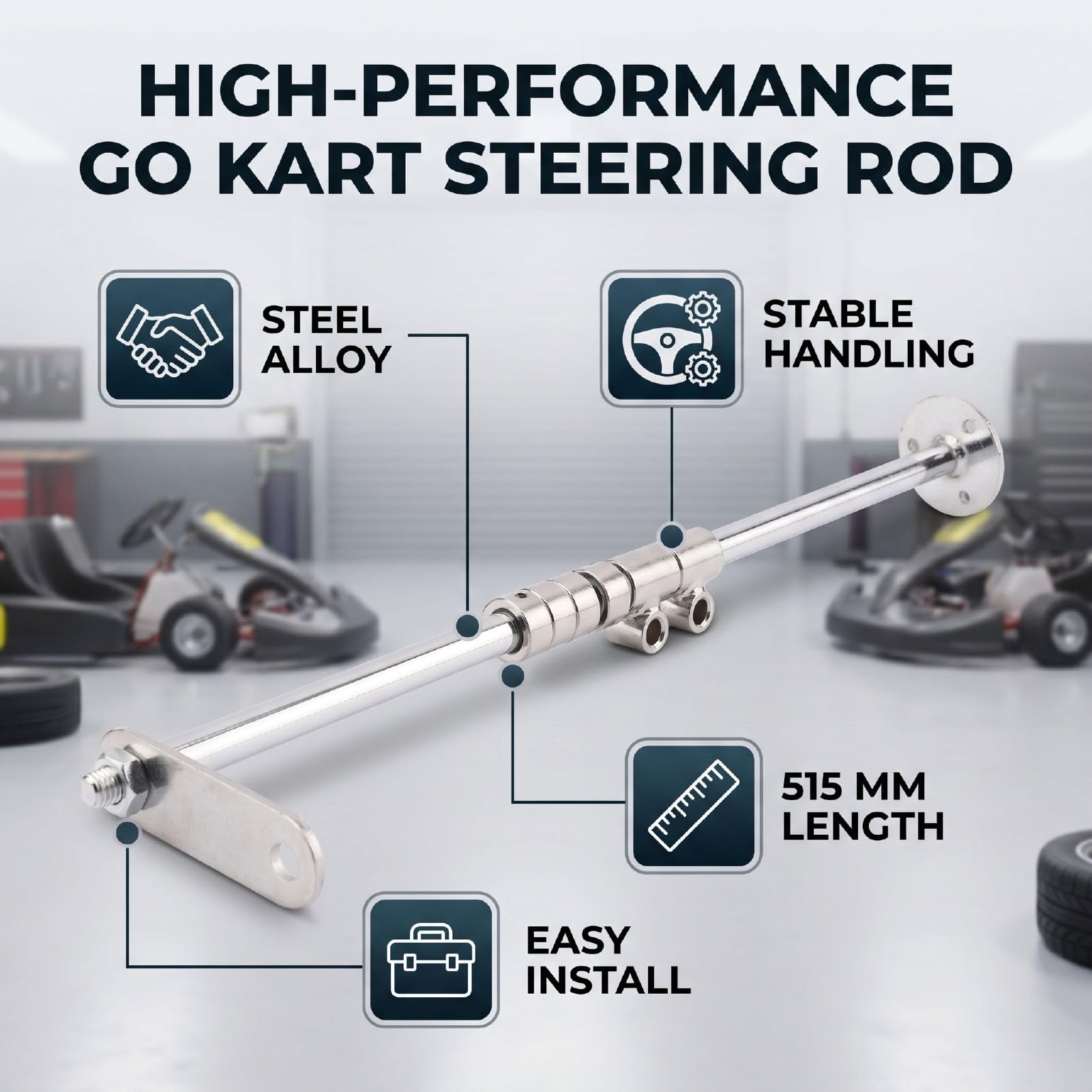 Luocute Varilla de Conexión para Volante de Go Kart, Varilla de Columna de Aleación de Acero de Alta Resistencia de 515 Mm con 3 Orificios de Montaje para Karts de Cuatro Ruedas,