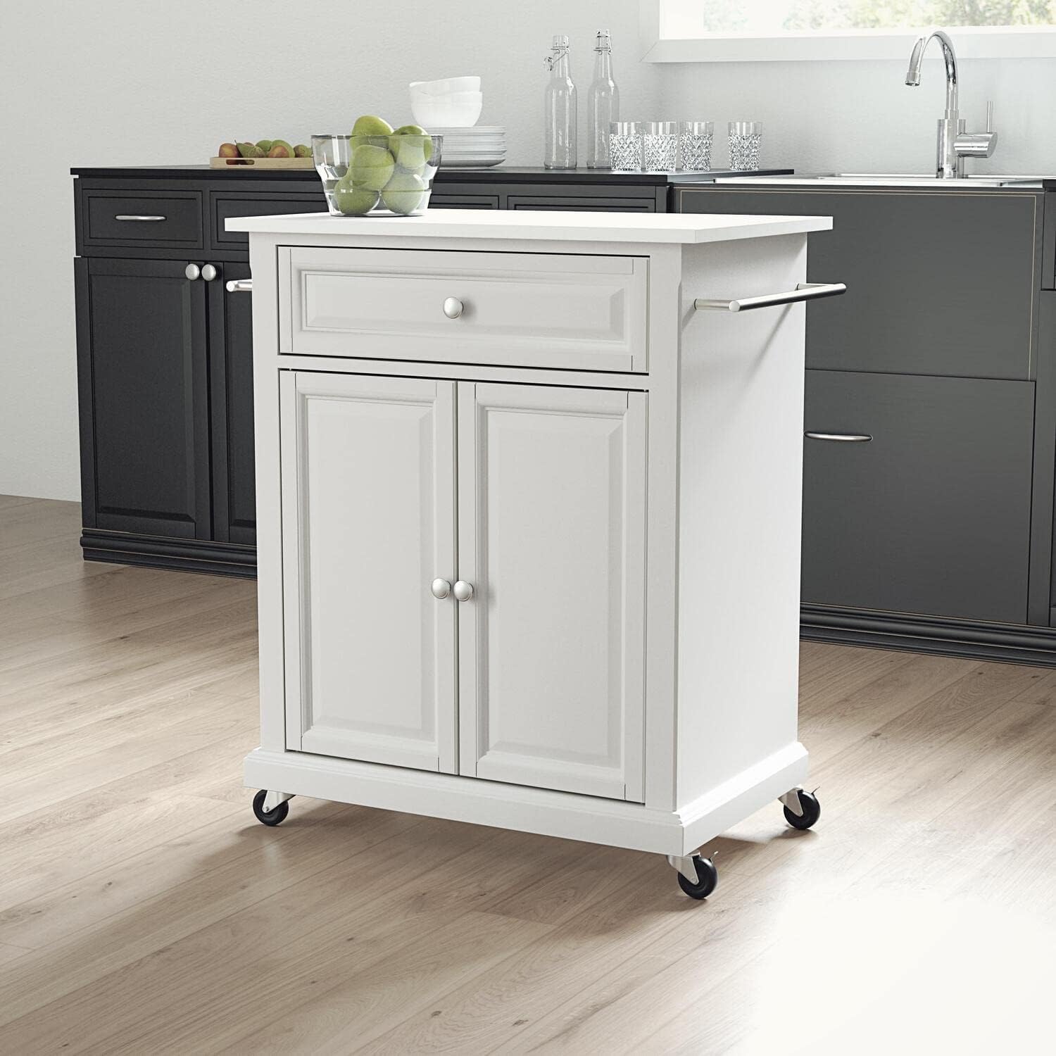 HomeStock Kitchen Island with Table Top & Casters - Mobile Kitchen Cart for Storage White/White Marble Top