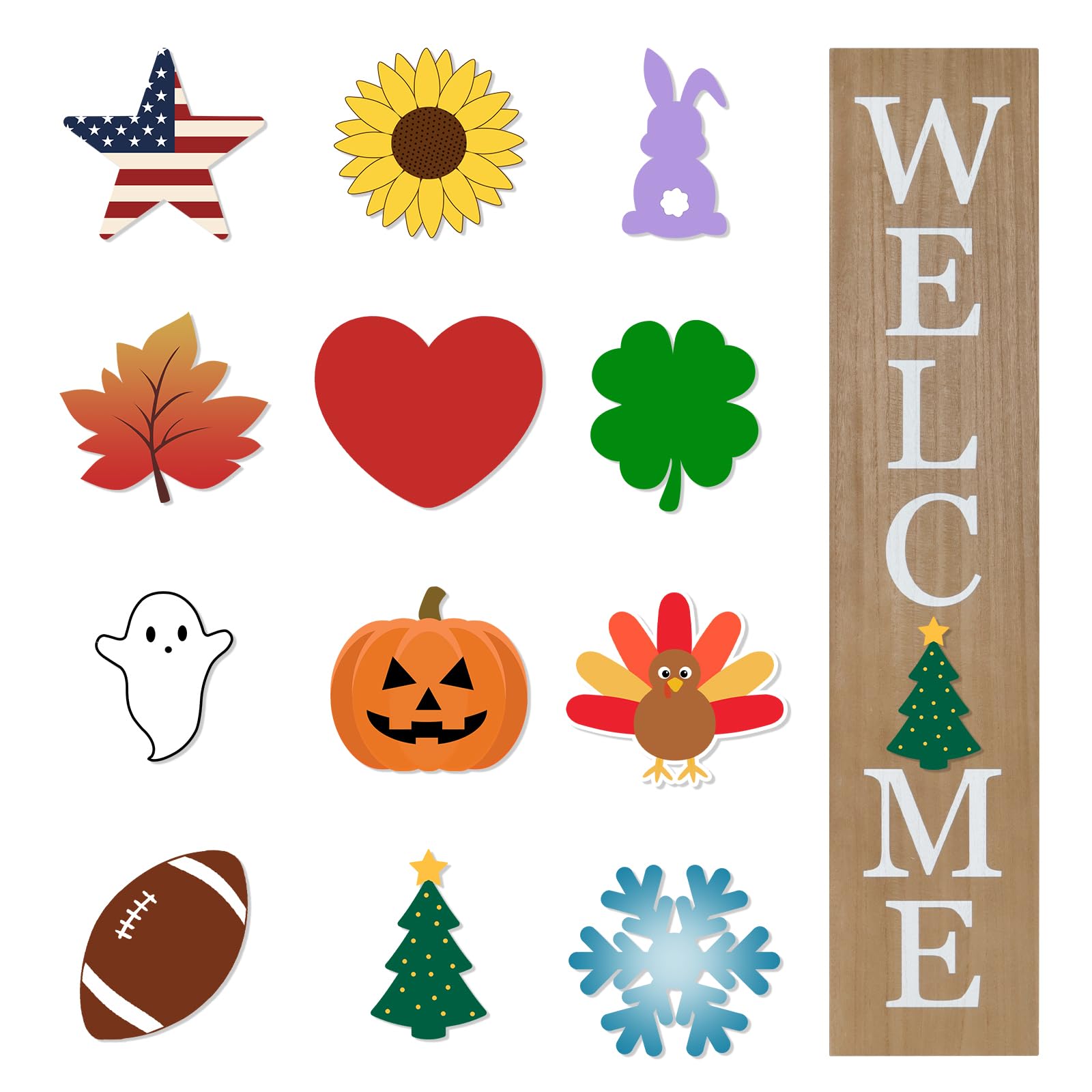 Interchangeable Wooden Porch Welcome Sign with 12 Interchangeable Icons 45"X9" Large Standing Hanging Seasonal Home Decor for Porch Wall Yard Decorations (Wood)