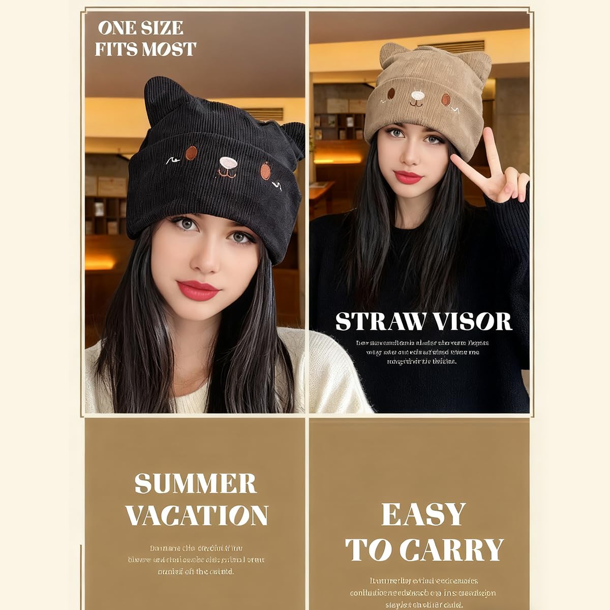 Gorros de punto para mujer de invierno con gorras de forro polar, gorro de invierno fino para hombre, diseño de orejas de gato, gorra deportiva para senderismo, 54-59 cm