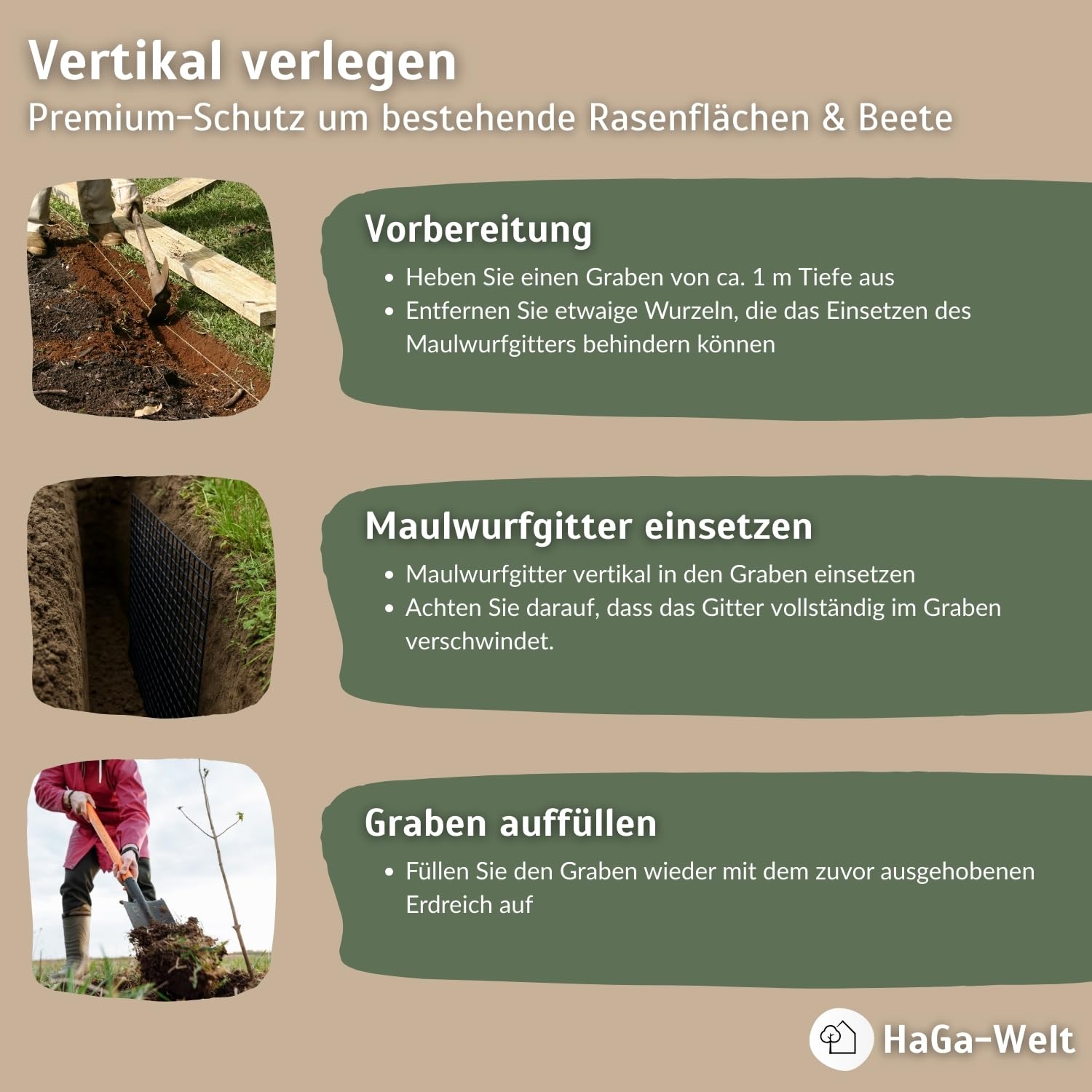 HaGa Maulwurfgitter 1m x 100m aus Kunststoff zum Maulwurf Vertreiben im Garten - tierfreundlicher Maulwurf Vertreiber | Maulwurfschreck
