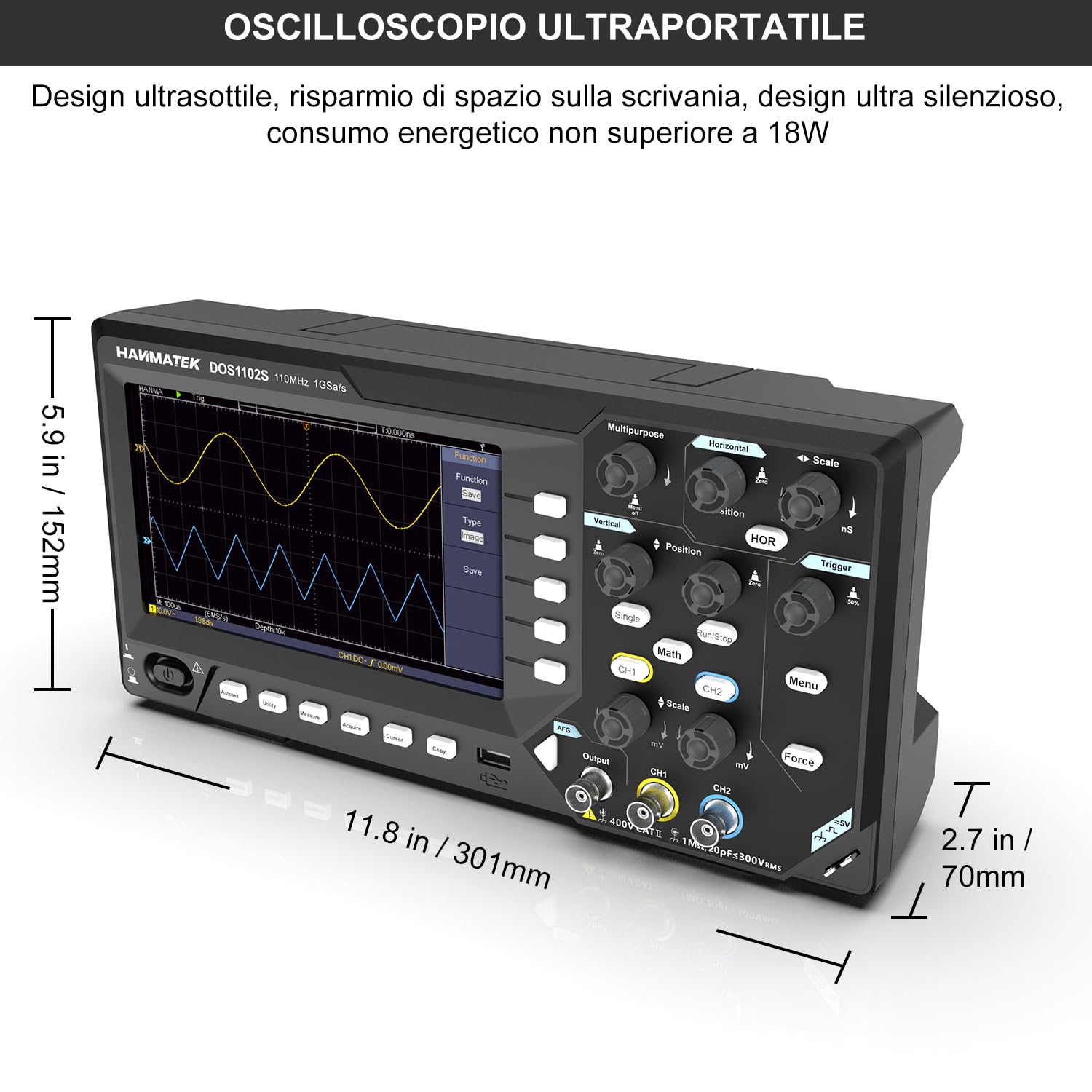 HANMATEK 2 in 1 Oscilloscopio Digitale Generatore di Degnale DDS con Larghezza di Banda 110 MHz, 2 Canali e Display TFT-LCD, Frequenza di Campionamento 500 MS/s *2