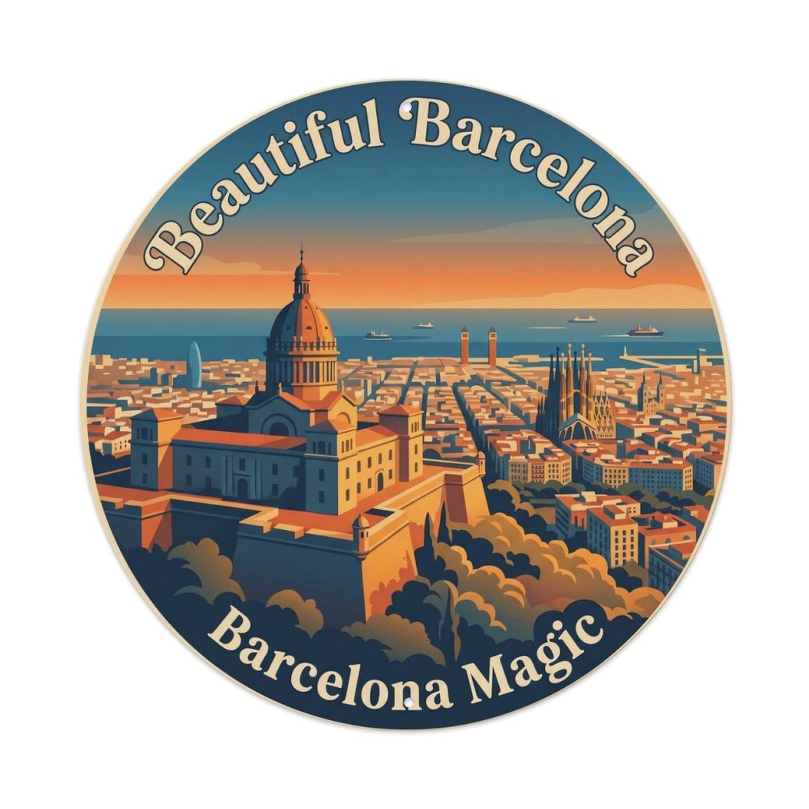 Vintage Travel Montjuic Castle Barcelona Scenic Metal Tin Sign Plaque