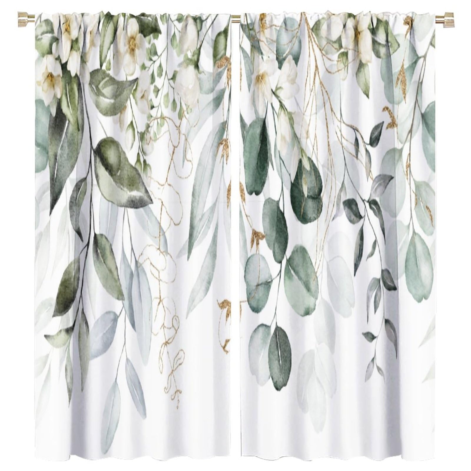 Green Eucalyptus Leave Curtains Watercolor Floral Spring Botanical Blackout Print Rod Pocket Window Drapes for Bedroom Living Room 63x72in