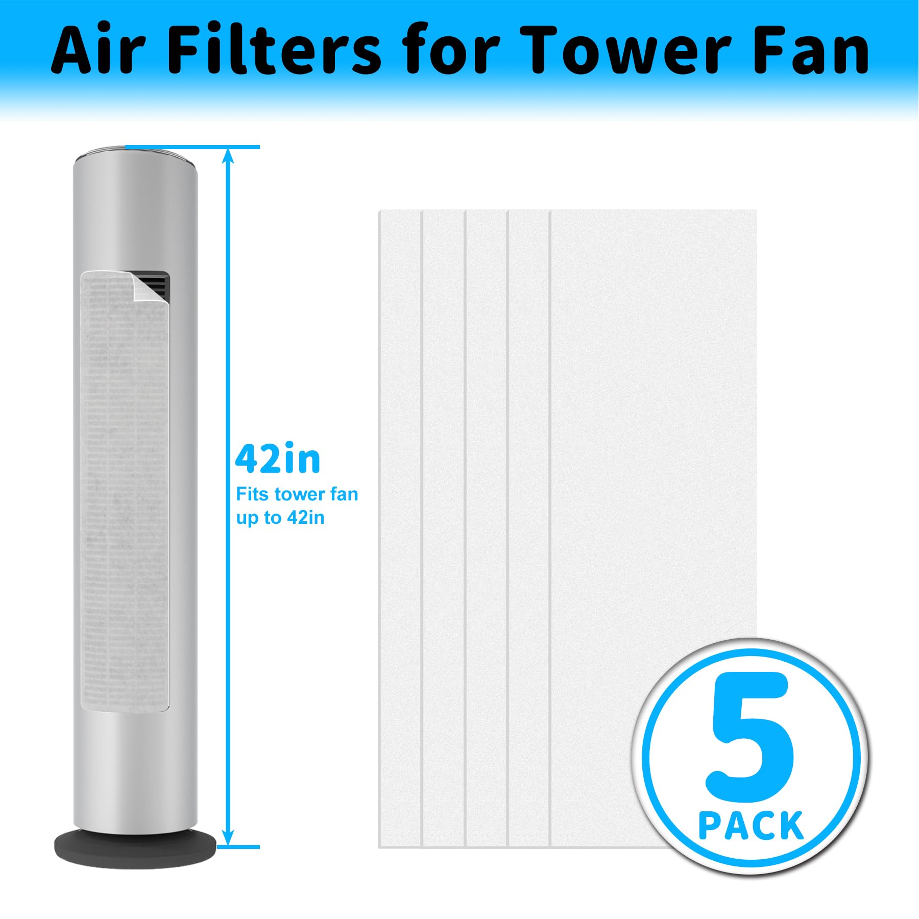 Filtro de aire para ventilador de torre, paquete de 5 prefiltros de aire de ajuste universal para ventilador de torre de hasta 42 pulgadas de alto, filtra y recoge polvo caspa de mascotas, 2
