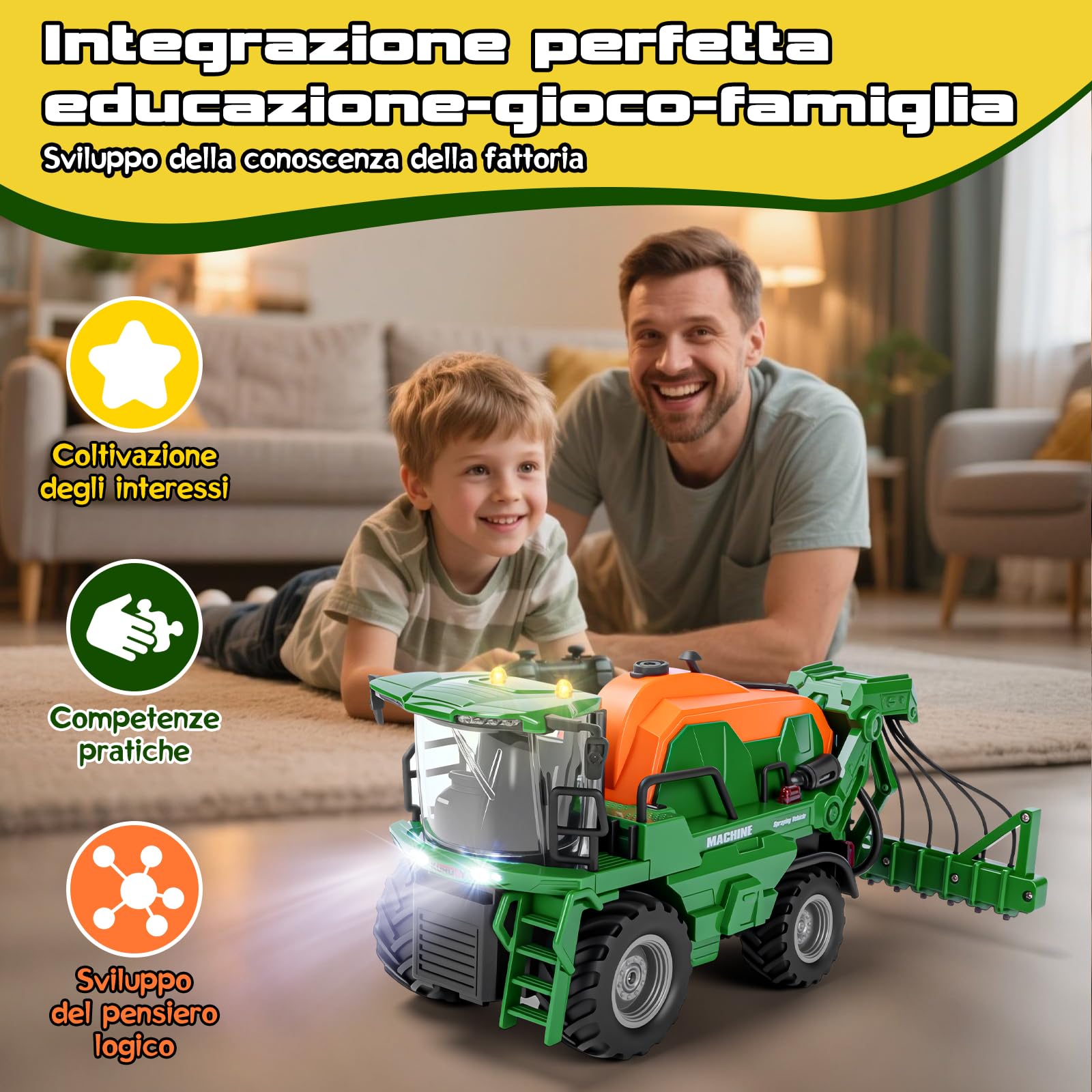 Ulikey Trattore Telecomandato per Bambini, Trattore Elettrico Giocattolo con Irrigazione, Luci e Suoni, Fattoria Camion Telecomandato Giocattoli per Bambini di 3, 4, 5, 6, 7 Anni