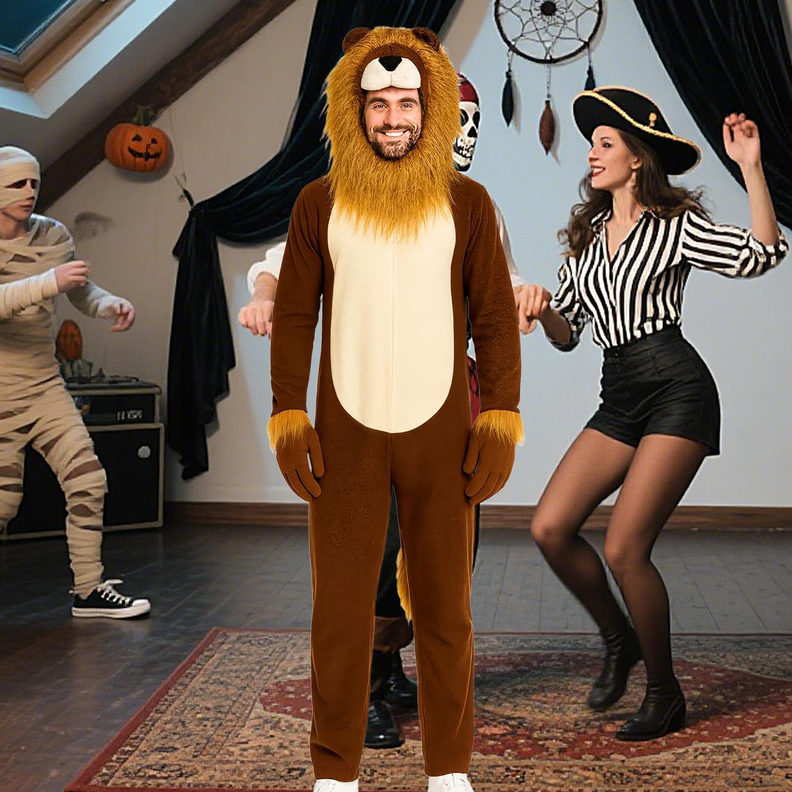 Onesie Lew Realistyczny Kombinezon Zwierzęcy | Lew Strój Halloween Dla Mężczyzn na Imprezę Halloweenową, Event Cosplay, Produkcję Teatralną, Przedstawienie Szkolne,