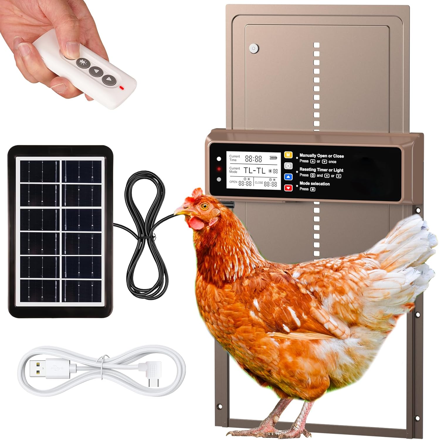 Automatic Chicken Coop Door Solar Powered, LCD Display Automatic Chicken Door with Timer & Light Sensor, Aluminum Alloy Chicken Door with Remote Control & 4 Modes 9.4"L x 1.6"W x 13.0"H Brown