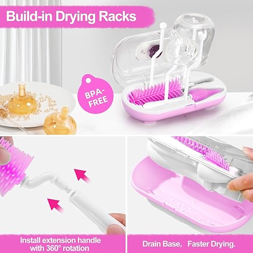Miniatura 2 de Juego de cepillos para biberones con estante de secado, kit limpiador de biberones de viaje con cepillo para biberones, cepillo limpiador de