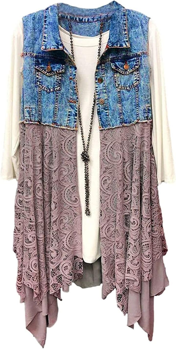 FindThy Women’s Denim Vest Sleeveless Ripped Draped Patchwork Cardigan Jean Vest with Irregular Lace Extender Hem