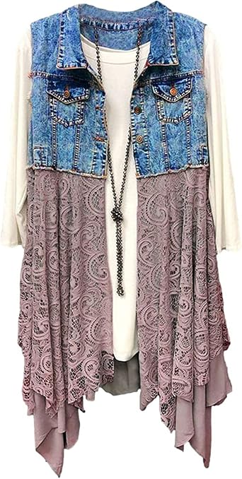 FindThy Womens Denim Vest Sleeveless Ripped Draped Patchwork Cardigan Jean Vest with Irregular Lace Extender Hem
