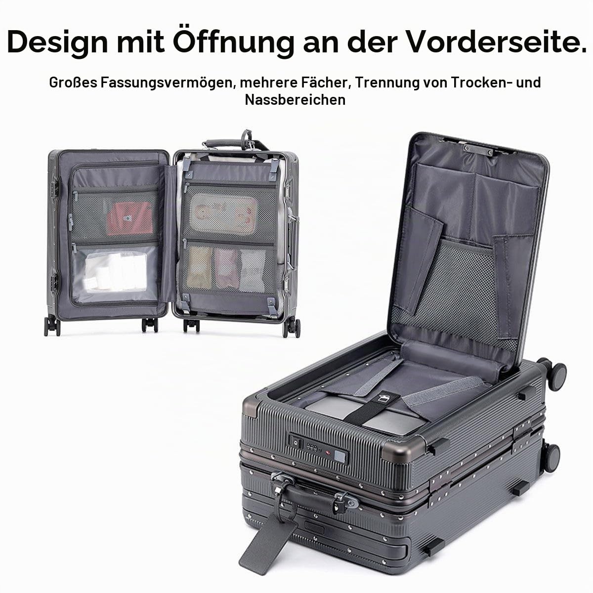 BEITH Koffer Handgepäck, BS849-2 Reisekoffer mit Getränkehalter, USB, Type-C, Aluminiumrahmen Hartschalenkoffer, PC Hülse, Breite Hubstange, TSA-Zollschloss, Vorne zu öffnen, 360° TPU Silent Rollen