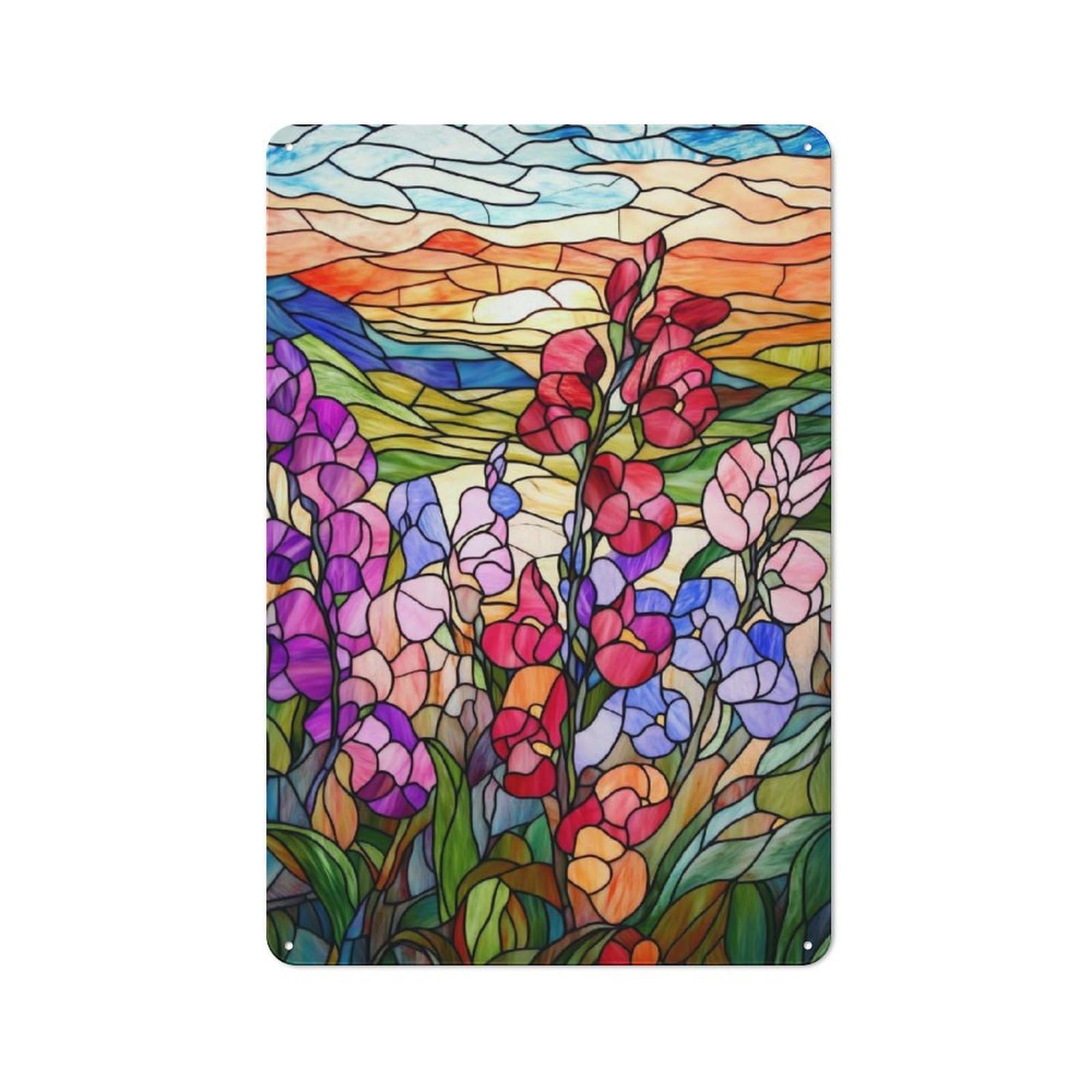 Junmoney Style-24 Metal Wall Sign 30X20cm Featuring Stained Glass Sunset Flowers For Café Or Home Bar, For Collectors Decorating Cafés And Home Bars