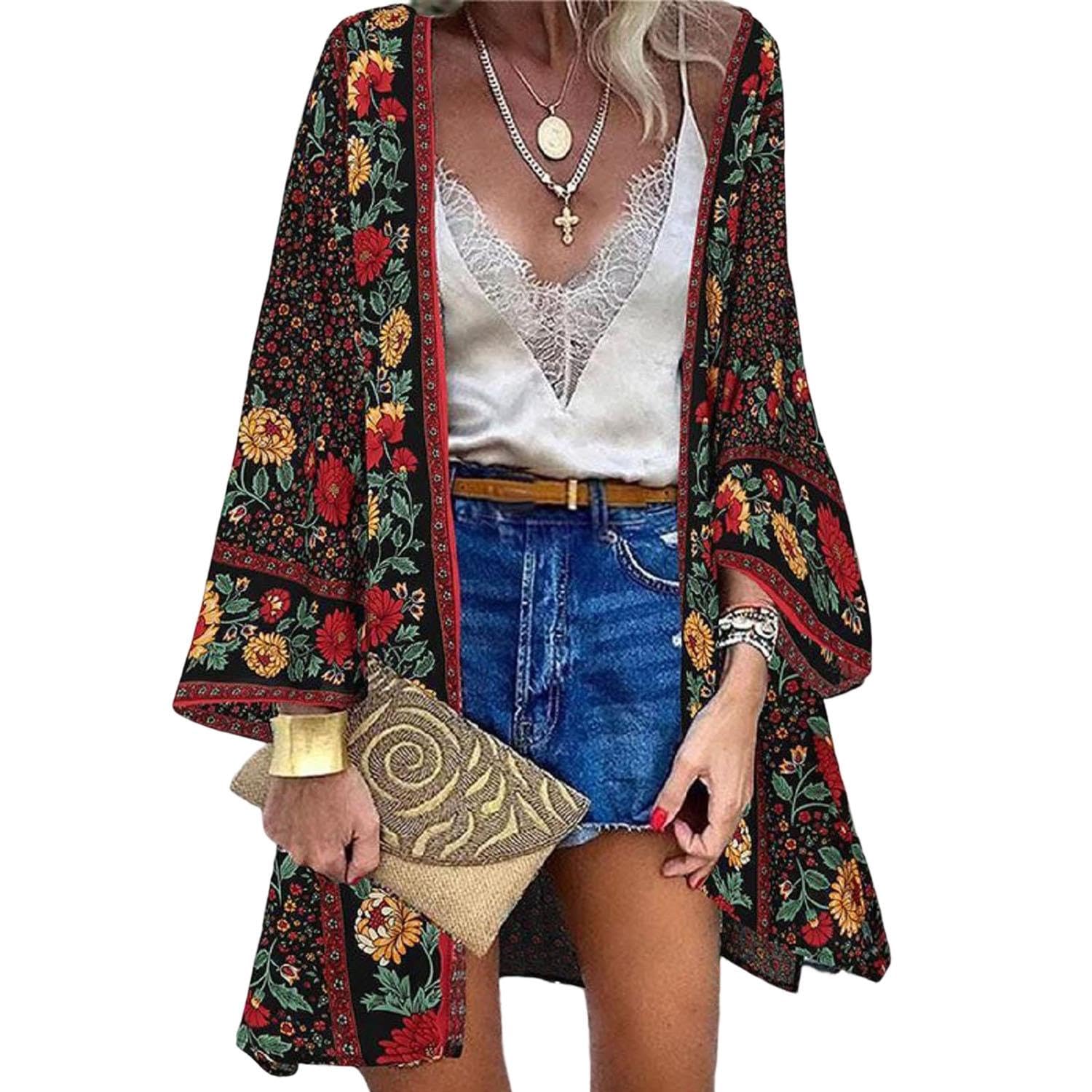 TBSCWYF Mujer Cárdigan Gasa Vestido de Playa Floral Kaftan Bohemia Pareos y Camisola Manga Larga Kimono Largo Traje de Baño Bikini Cover up Verano Vestido de Playa Mujer Camisa Beach Cuello en V Bikini