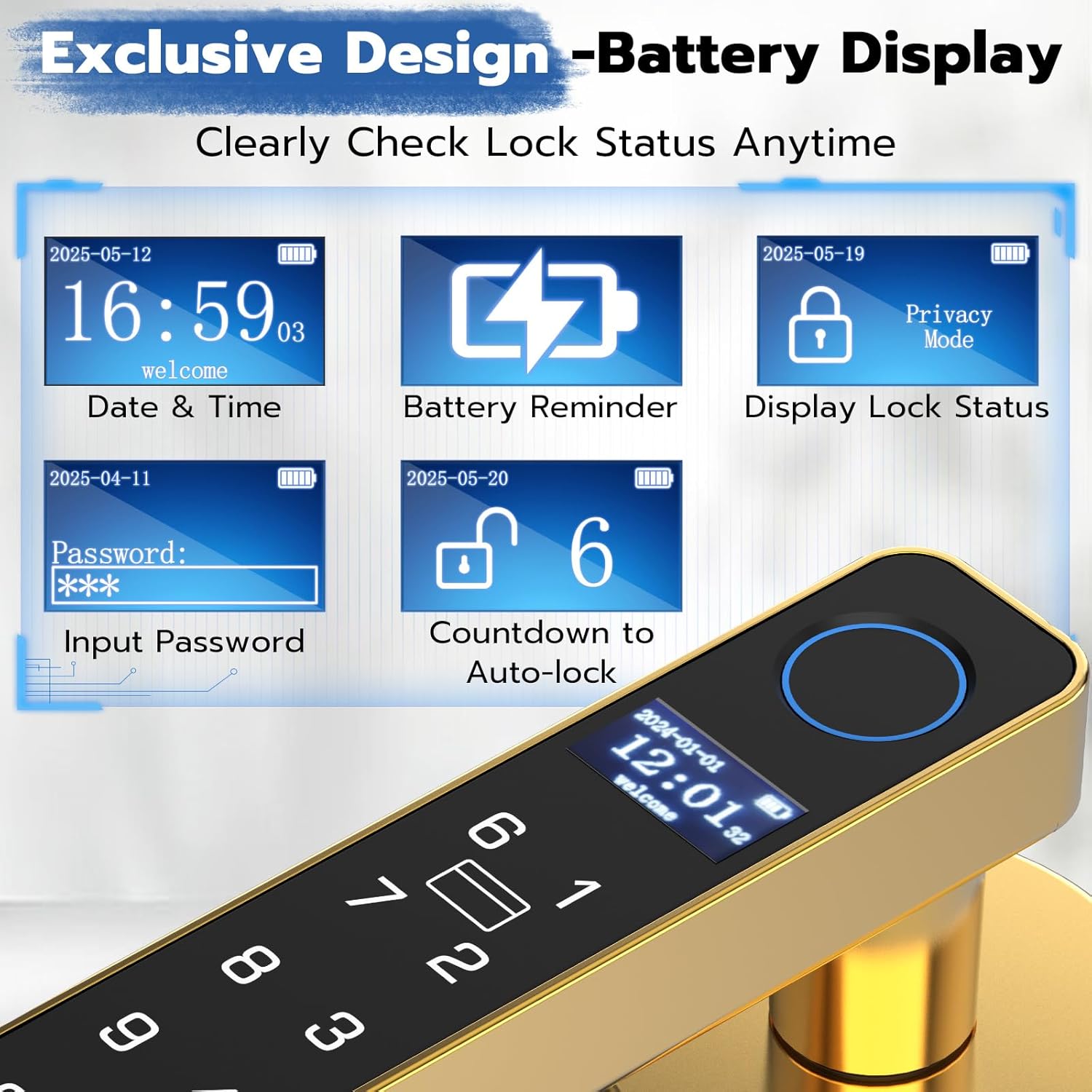 Fingerprint Door Lock- New Display Screen, Smart Keyless Entry Door Lock with Handle Keypad RFID, Fingerprint Biometric Digital Thumbprint Door Knob for Bedroom Apartment Interior