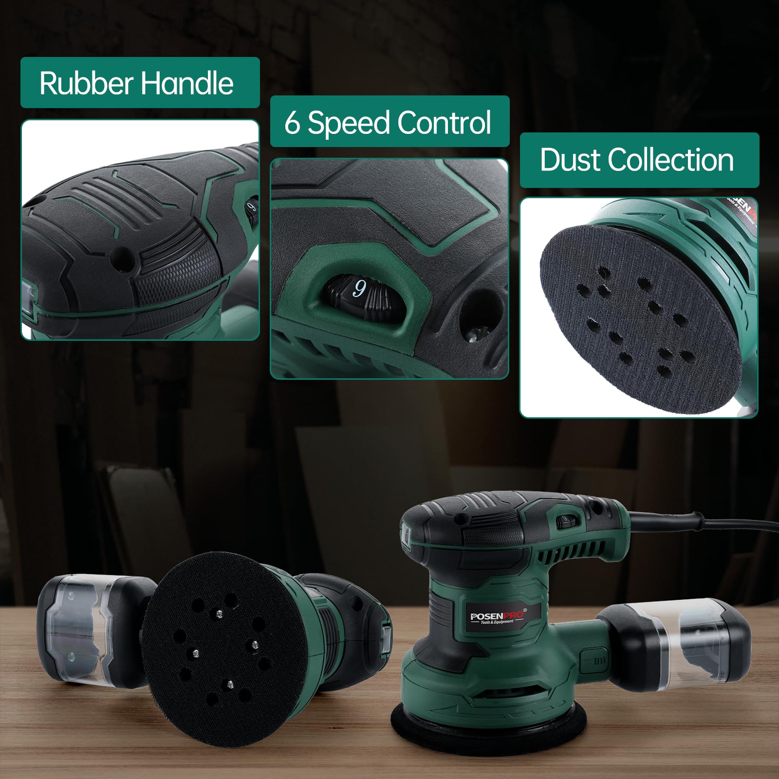 POSENPRO Ponceuse Excentrique 300W, Ponceuse Orbitale Aléatoire Ø125mm, 6 Vitesses Variables, 7,000 à 13,000 Orb/min, 20Pcs Disque Abrasif, Ponceuse Bois avec Collecte de Poussière pour le Polissage