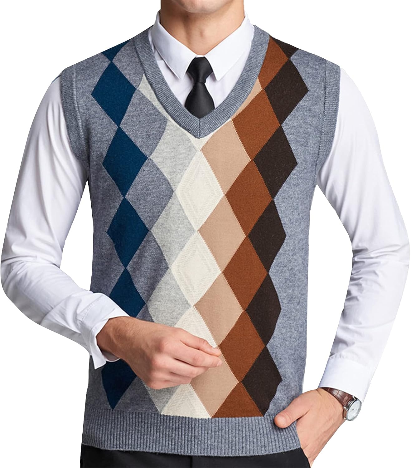 Flygo Men's Casual V-Neck Argyle Knitted Pullover Sweater Vest Knitwear Waistcoat
