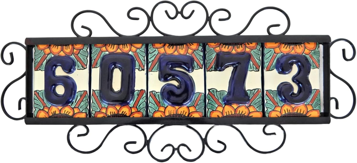 5 Mexican Talavera House Number Tile Address Numbers Ceramic Wedding Table Numbers High Relief Sunflowers & Iron Frame HR1