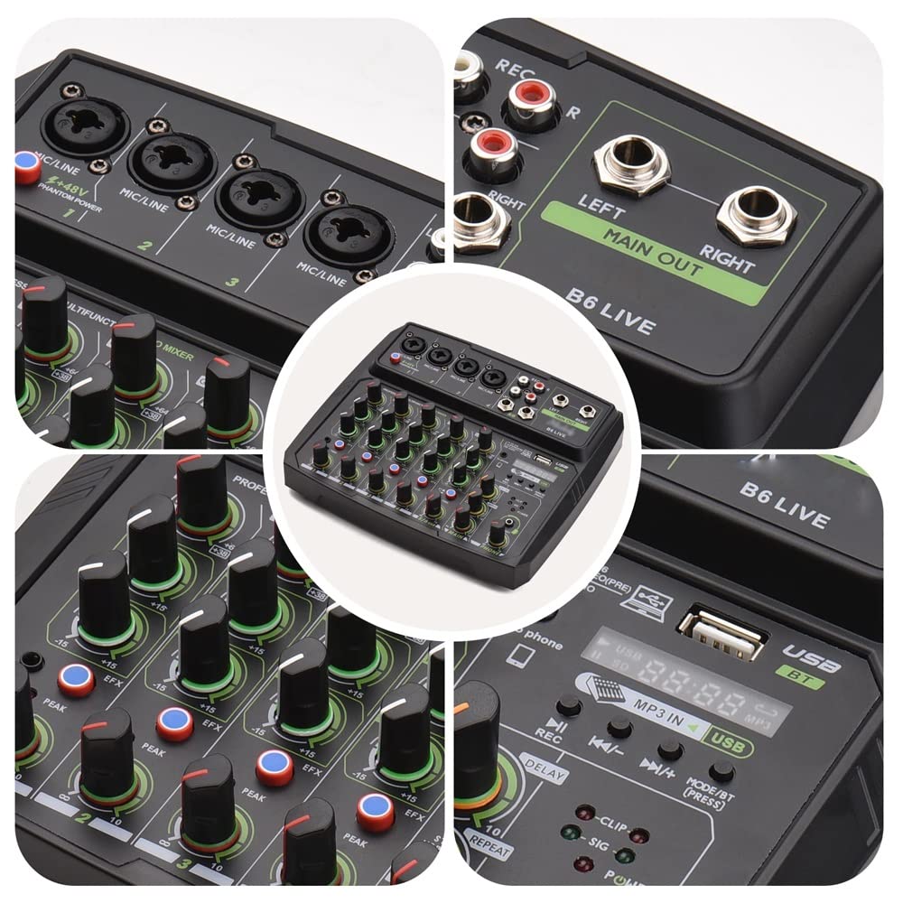 6-K Audio Mixer Mischpult LED Bildschirm Eingebaute Soundkarte BT Anschluss mit 2-Band EQ Gain Delay Control