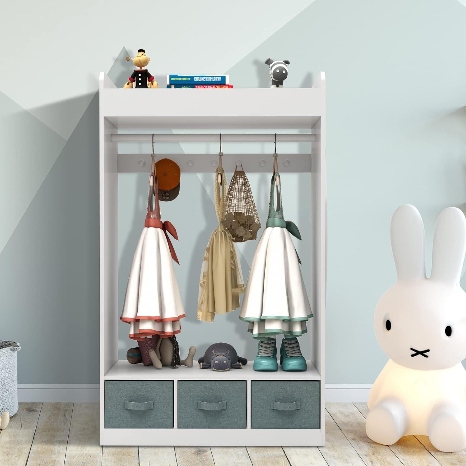 Generic Kids Costume Organizer、 Costume Rack、Kids Armoire、Open Hanging Armoire Closet with Mirror-White