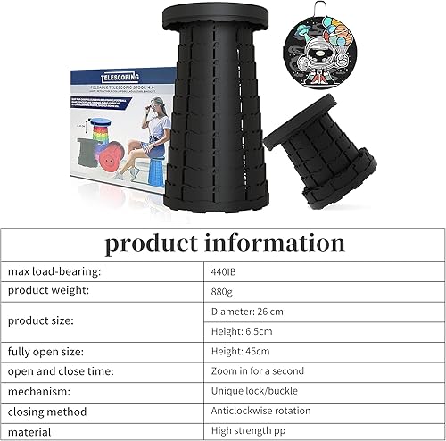 Miniatura 9 de ALEVMOOM Taburete plegable portátil mejorado con cojín, taburete telescópico con pintura, taburete plegable retráctil, capacidad resistente, 440