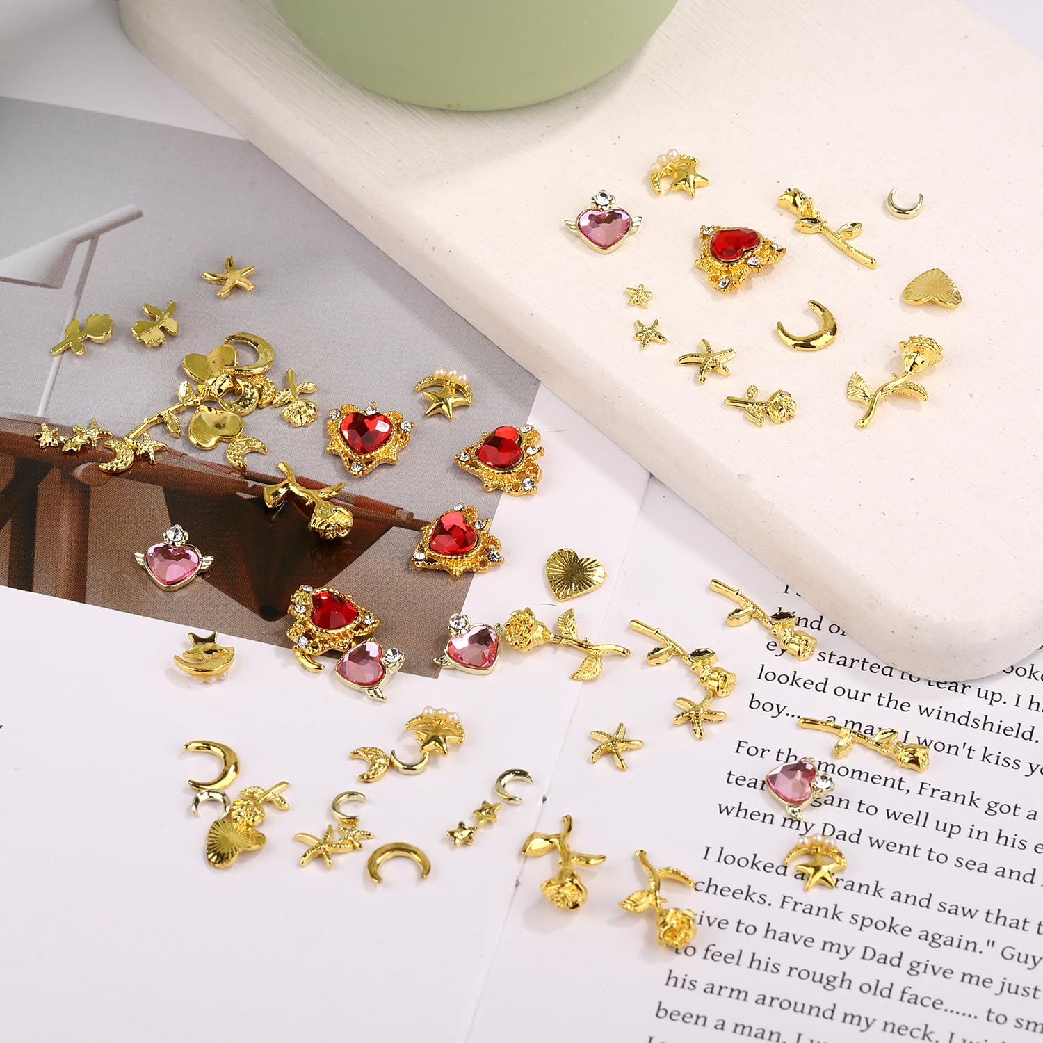 65pcs Gold Nail Charms Set, Alloy Rhinestones Nail Charms with Star Heart Rose Moon Decoration Accessories for Women Manicure - Image 3