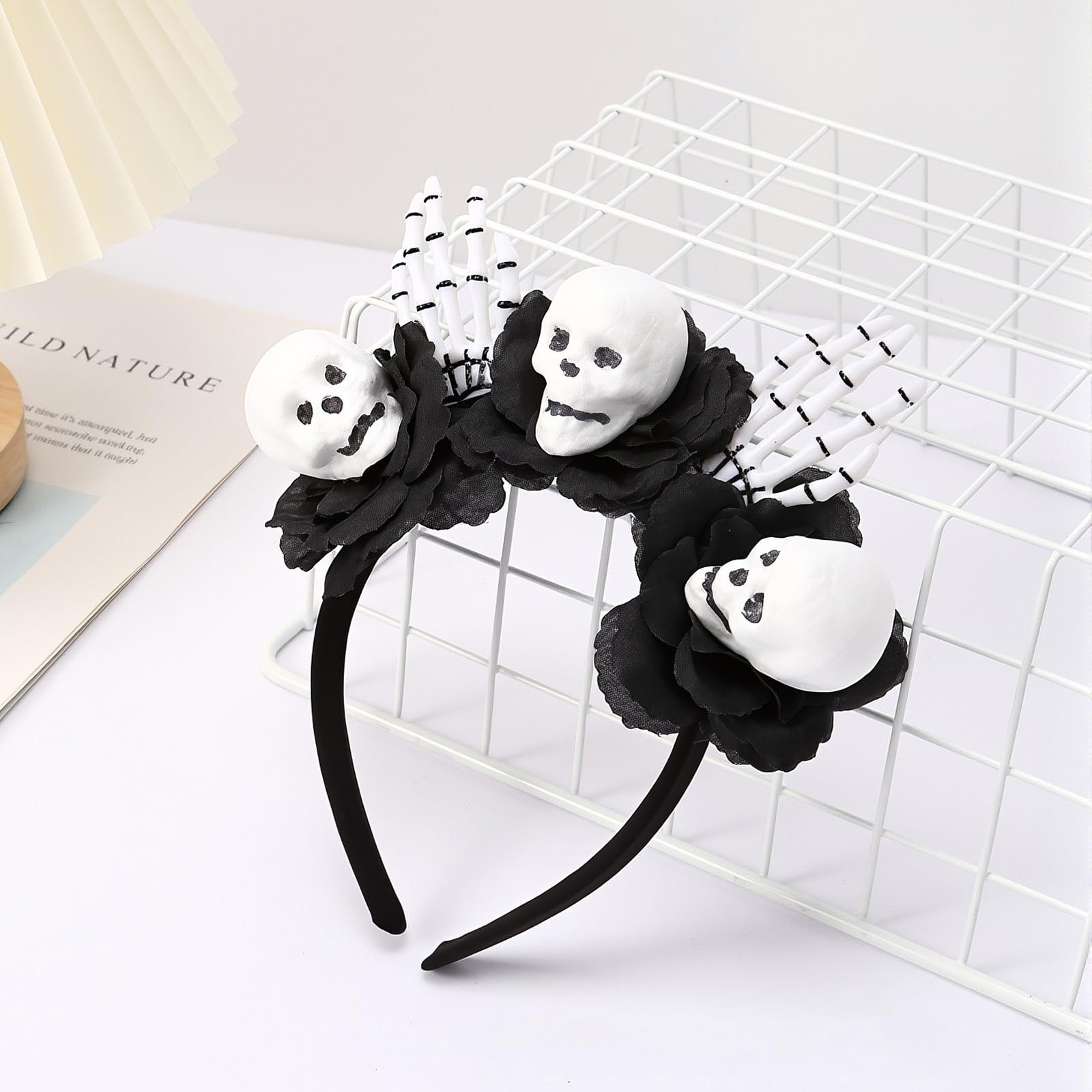 ALUNME Halloween Black Death-Themed Accessory Set - Skull Headband, Earrings, Gloves & Stickers, Ideal for Party & Cosplay Props - Image 3