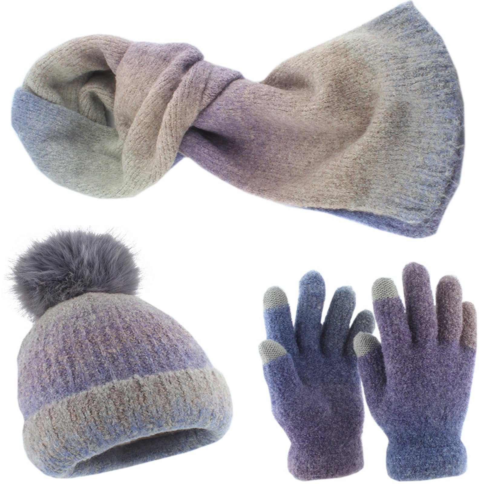 Juego de gorro de punto degradado para adultos, unisex, actividades al aire libre, ropa de punto cálida para esquí, senderismo, gorro de punto térmico, guantes de bufanda