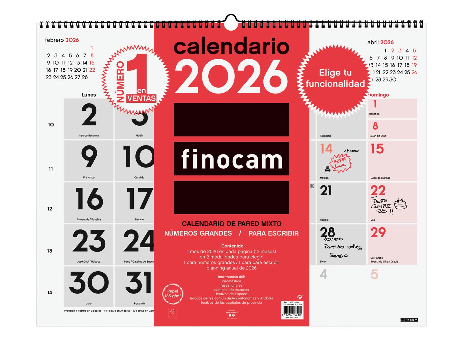 Finocam - Wall Calendar 2026 Mixed XL Month View January - December 2026 (12 Months) | 2026 Calendar to Note | Neutral Monthly Planner - Spanish