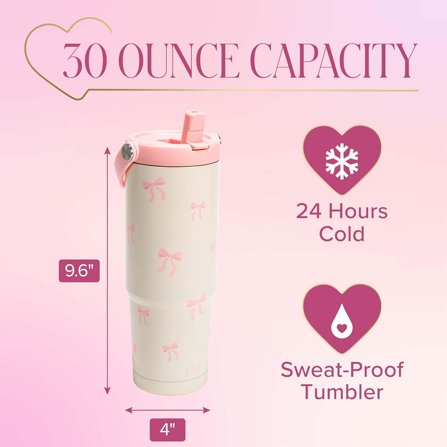 Paris Hilton 30 oz Insulated Water Bottle Tumbler with Flip-Up Straw Lid and Carry Handle, Double-Wall Vacuum Stainless Steel Tumbler Travel Cup, Pink Bow Design, Cream