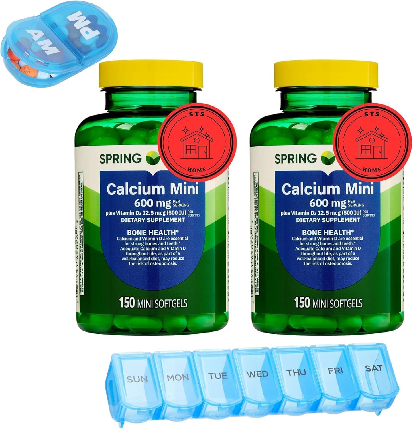 Spring Valley Calcium 600 mg Plus Vitamin D3 12.5 mcg Mini Softgels, 150 Count (Pack of 2, 300 Total) Calcium Supplement Bundle with Weekly Pill Planner Organizer & Travel Pill Case