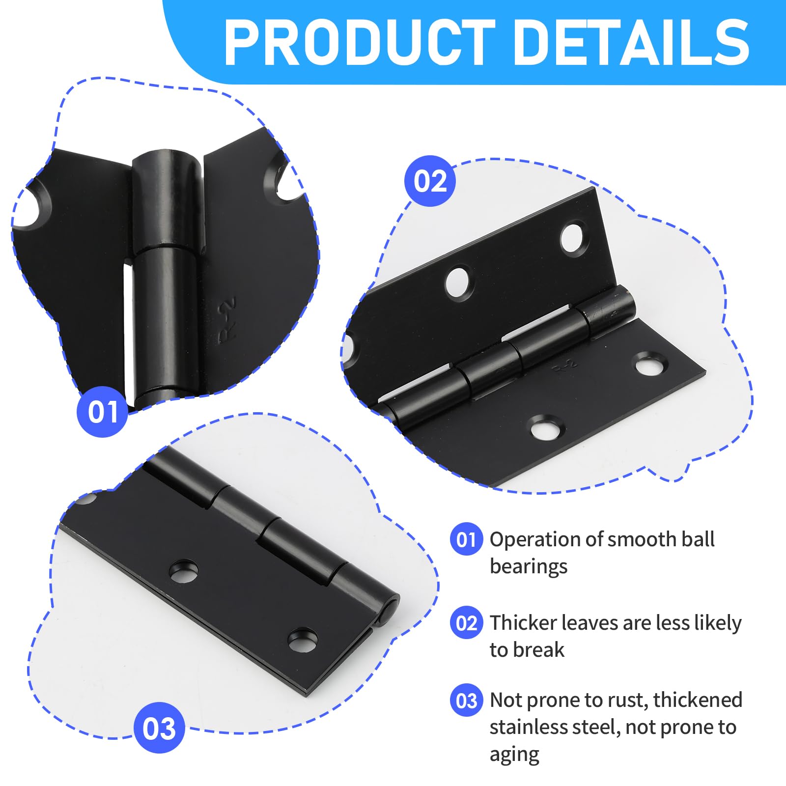 Premium 3 Inch (75mm) Matt Black Ball Bearing Hinges - Heavy-Duty Steel Door Hinges for Internal Wooden Doors, Smooth and Quiet Operation - Includes 18 Matching Screws (1.5 Pairs) - Image 4