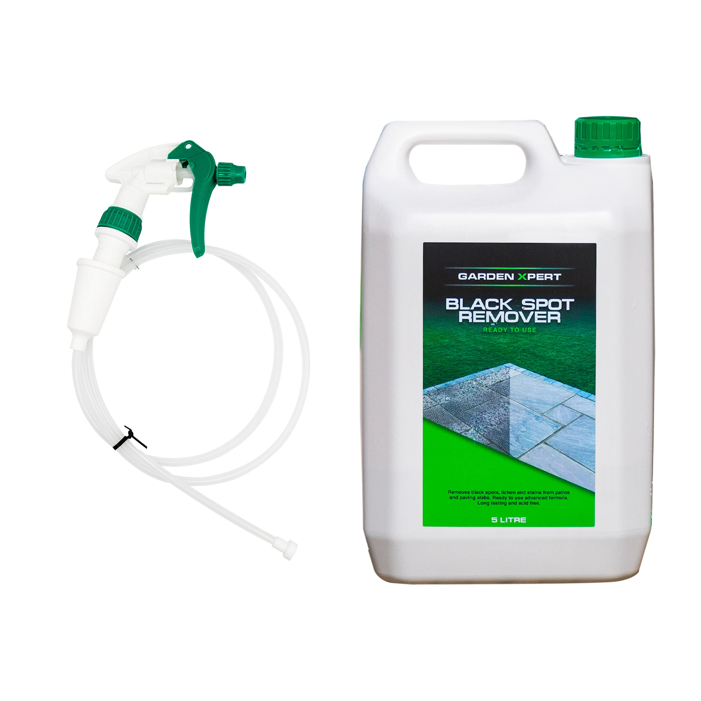 Garden Xpert Black Spot Remover | 5 Litre With Long Hose Trigger Spray (130cm length) | Removes Black Spots, Lichen & Stains From Patios & Natural Stone | Ready to Use | 50m2 Coverage