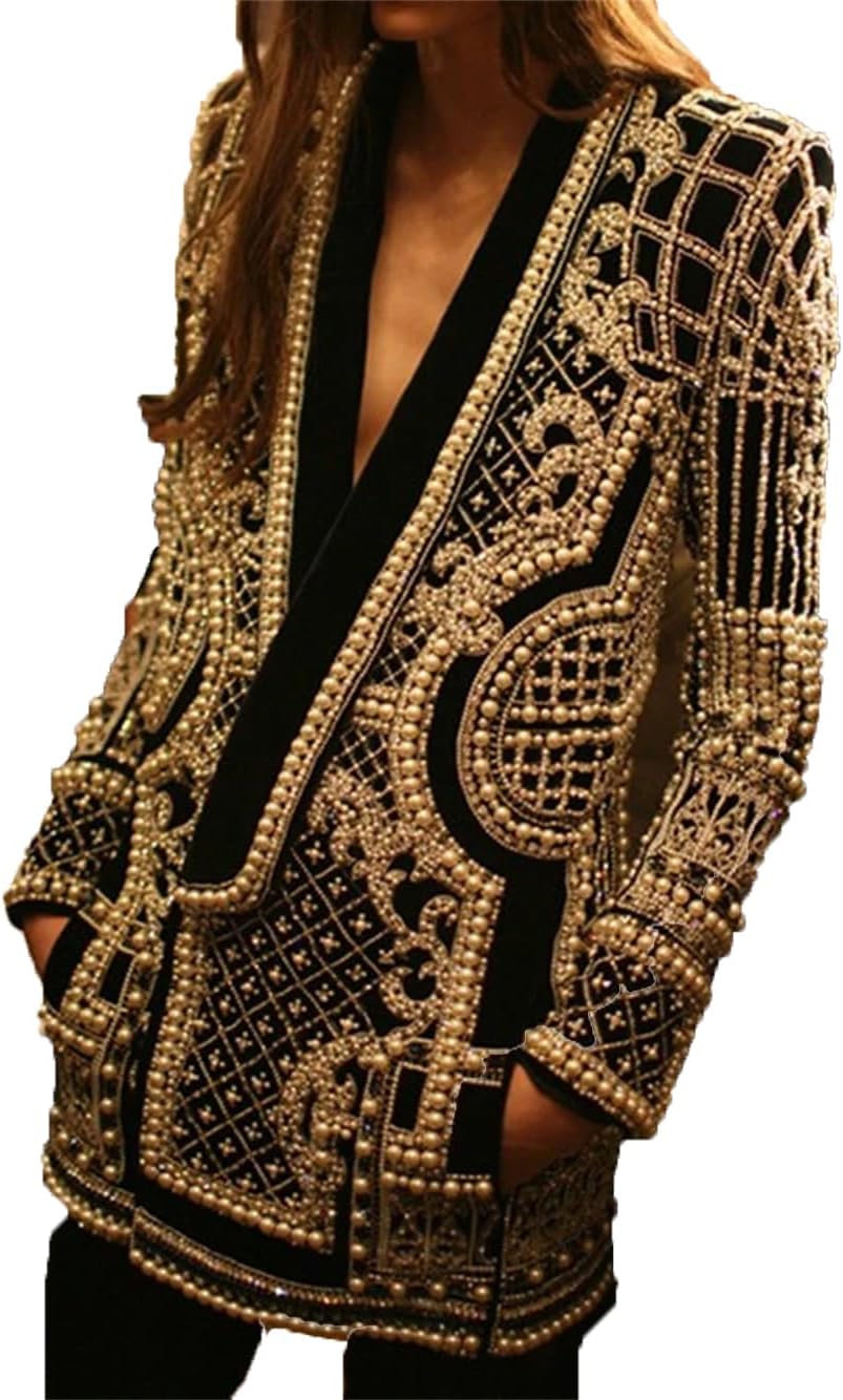 Womens Deep V Neck Beaded Jacket Slim Fit Suit Coat Mid Length Straight Blazer Jacket