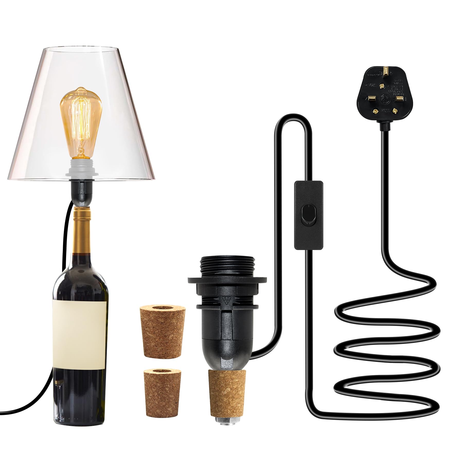 ZRLXFM DIY Bottle Table Lamp, Black Half-Thread Upcycling Light Set with Switch, E14 Bulb Base for DIY Lampshade, 240cm Plug-in Cable with 3 Sizes of Stoppers Fittings