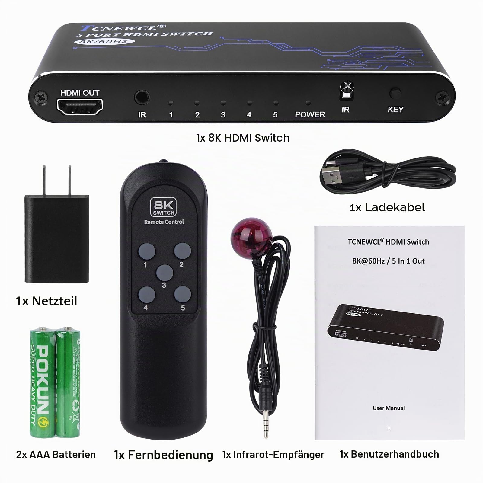 TCNEWCL HDMI Switch 5 in 1 Out, 8K/60Hz und 4K/120Hz HDMI 2.1 Umschalter, Selector Video Umschaltpulte mit IR Fernbedienung, für PS5/PS4/Xbox/Blu-Ray-Player/HDTV/DVD