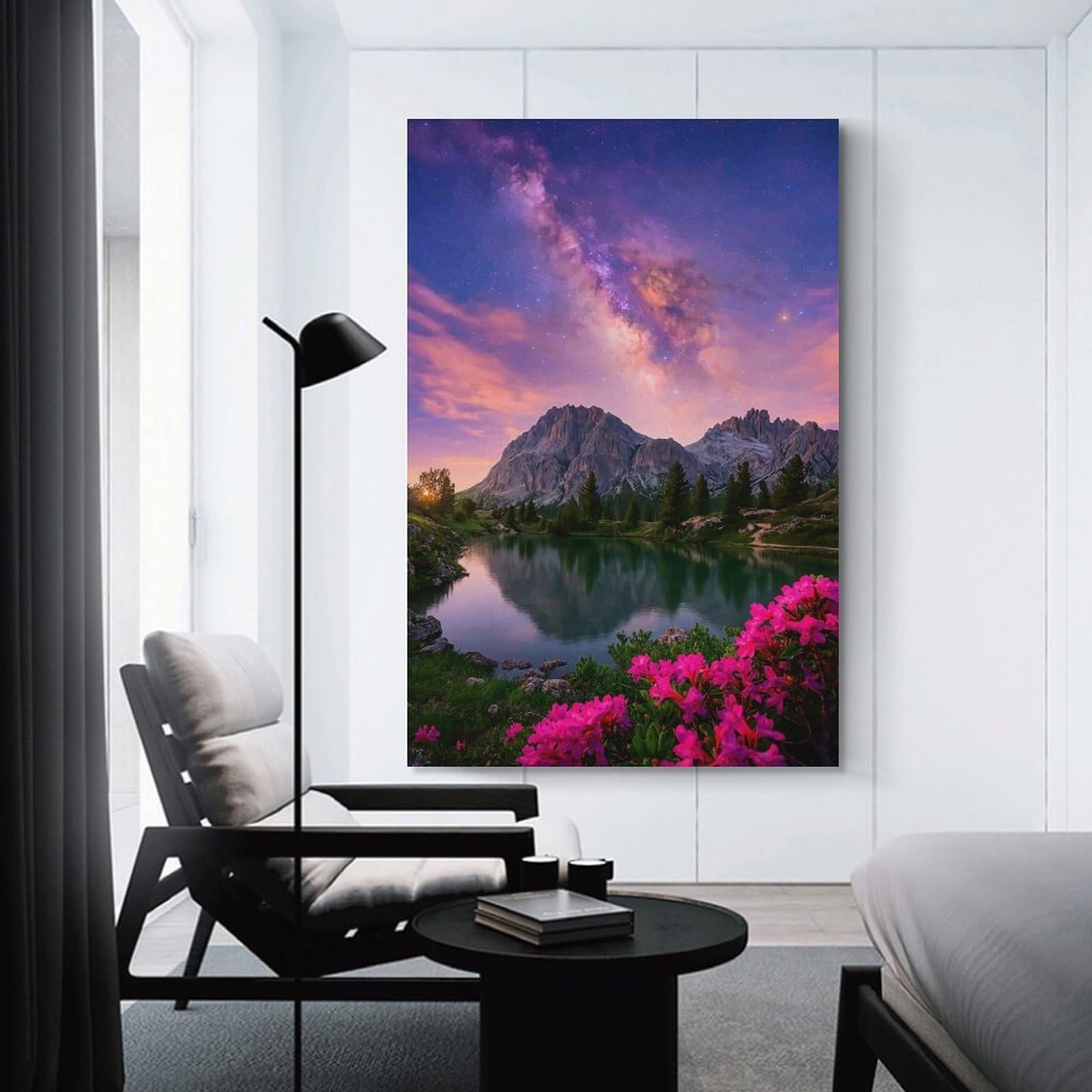 Junmoney Mountain Lake Under Milky Way Canvas Art Print, 20x30inch(50x75cm), for Bedroom Decor, Cosy Corners Or Studios, A Warm Accent for Relaxed Interiors