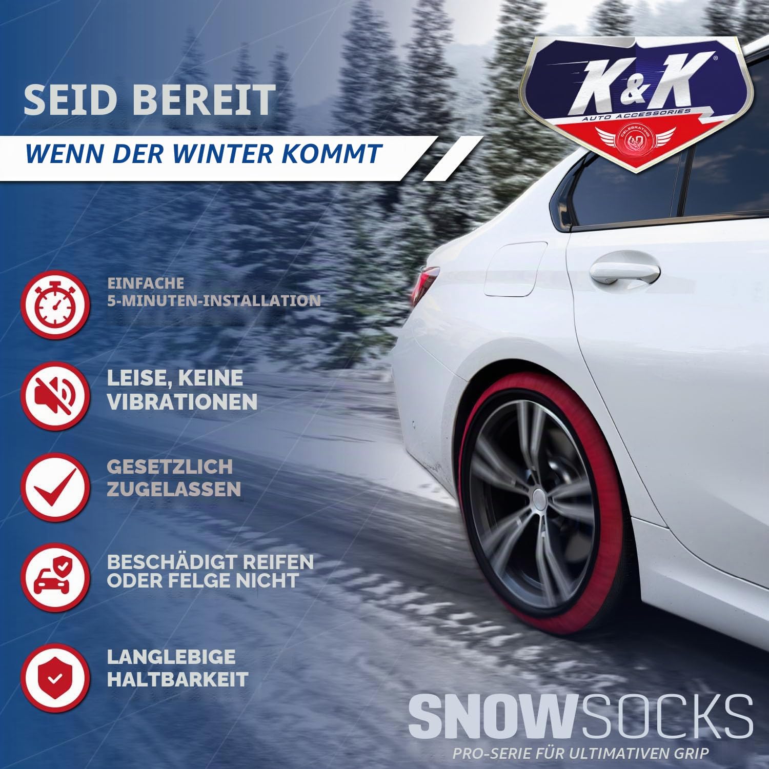 KNK Boutique Auto-Schneesocken für Reifen – Pro-Serie für ultimativen Grip, Alternative zur Reifen-Schneekette – Schneetraktionsgerät, Winter-Notfallzubehör (groß)