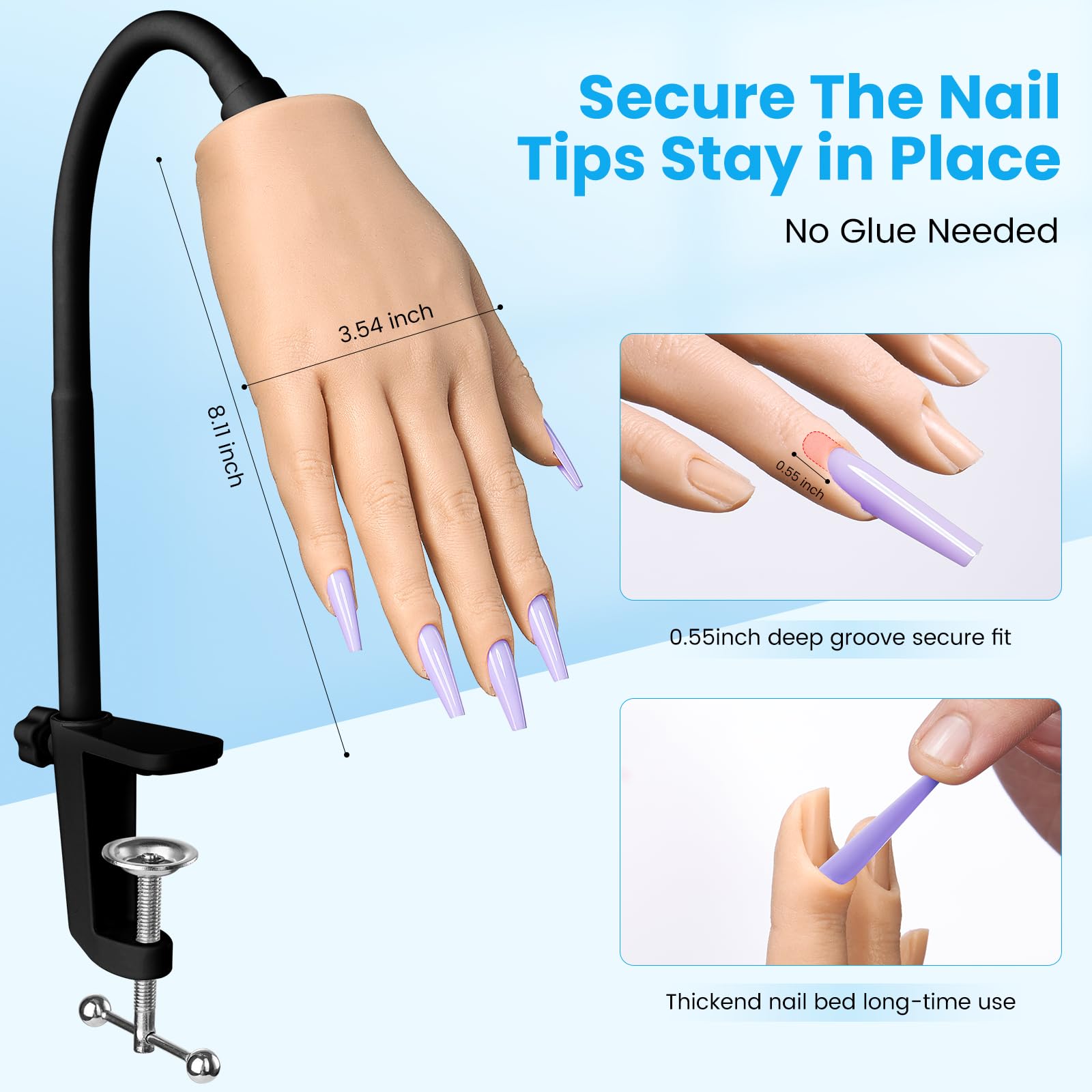 Yokilly Mano para Practicar Uñas: Silicona Mano de Practicas de Uñas - Flexible Mano Articulada Practicas Con 240 Puntas De Uñas/15 PCS Set de Nail Art Cepillo/Archivo De Uñas – Manicura De Uñas