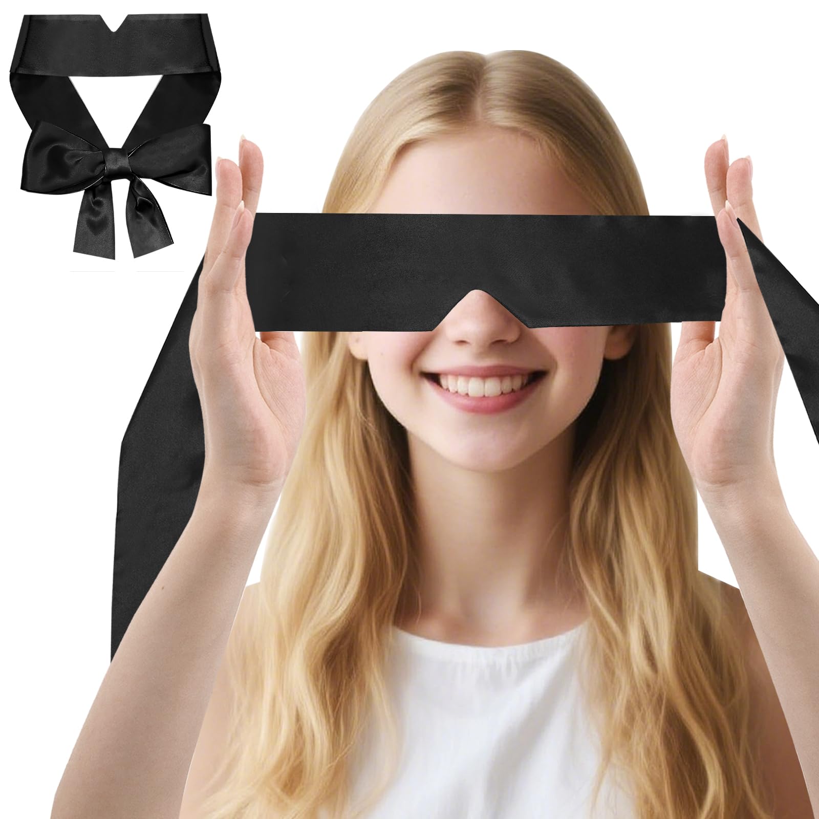 Eychei 2 Pcs Satin Eye Mask for Sleeping Black and Black Blindfold Silk Sleep Mask Soft Comfortable Adjustable