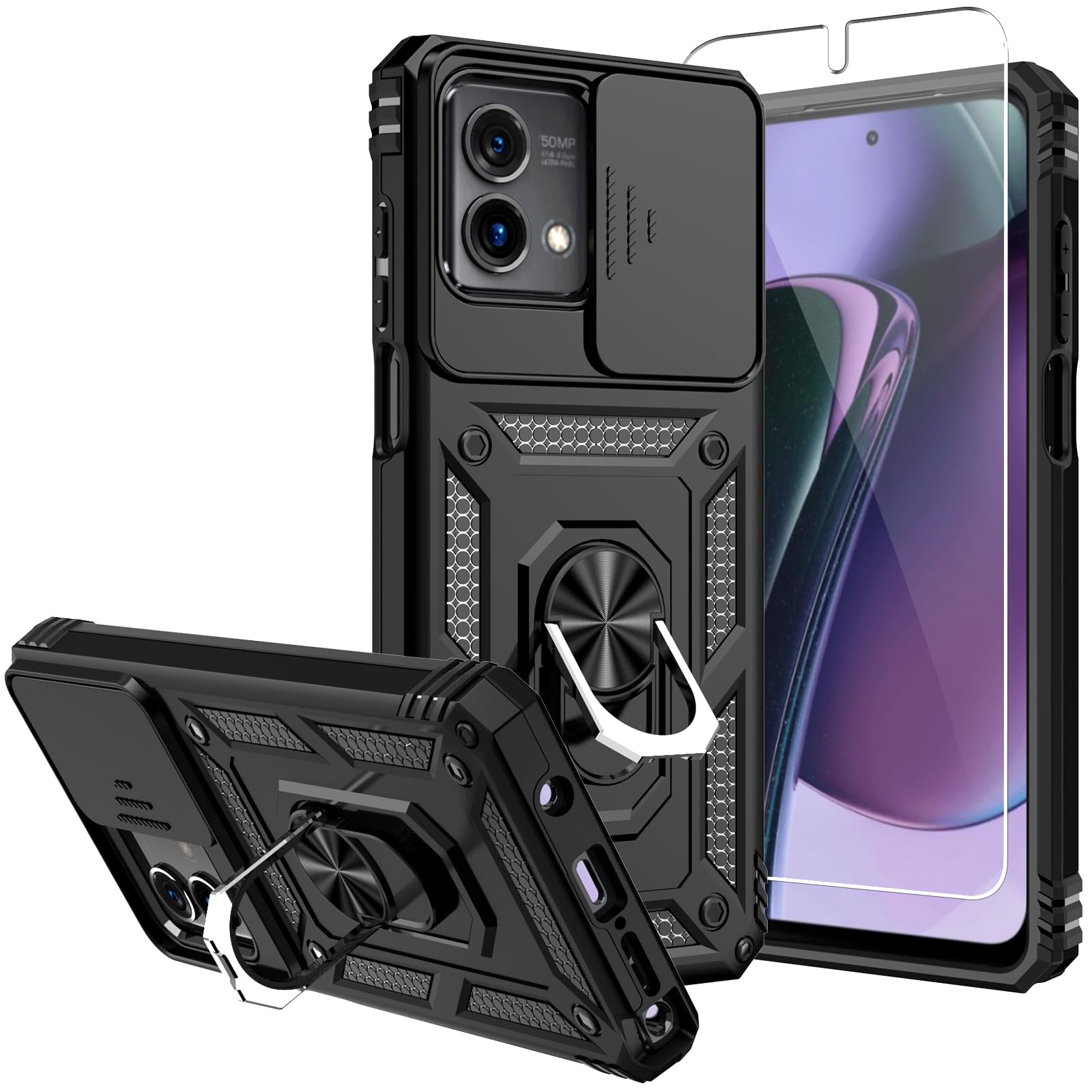 SMKY for Moto G Stylus 5G 2023 Case,with Screen Protectors and Camera Cover,[Military Grade] 16ft.Drop Tested Cover with Magnetic Kickstand Protective Case for Motorola G Stylus 5G 2023, Black