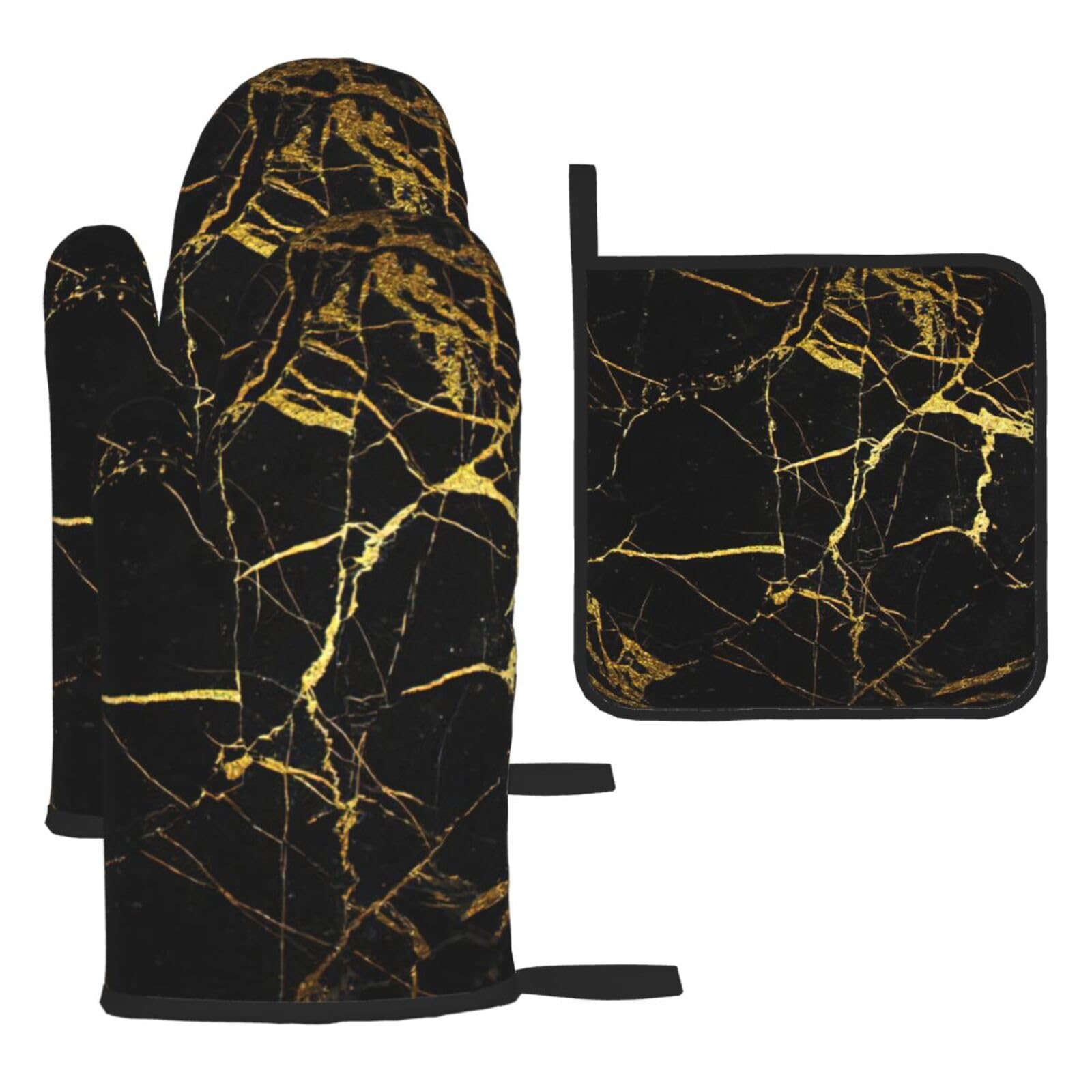 Black Marble Print Oven Mitts Kitchen Gloves Set Everyday Baking Grilling Microwaving Cooking Gift